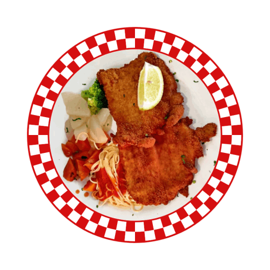 Escalope empanado con espaguetis y verduras